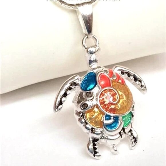 Silver Sea Turtle Necklace 18" Multicolor Colorful Enamel Nautical Island Beach - Picture 3 of 10